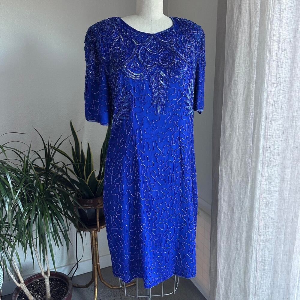 Silky Nites New York Women’s 1X Dress Royal Blue Silk Beaded Sequin Glam 80s